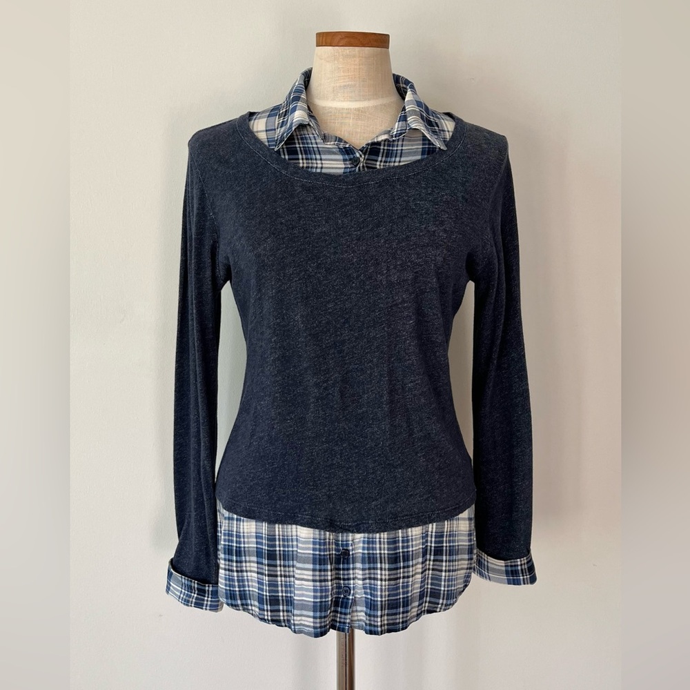 Style & Co Academia Mock Layered Plaid Button-Down Knit Blouse Size S